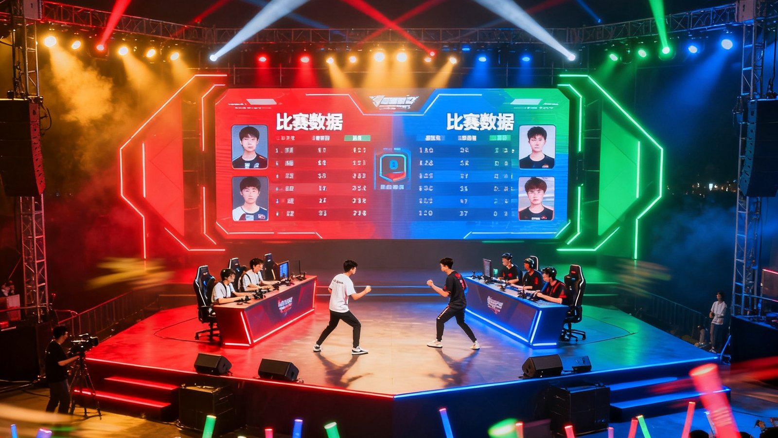一座光线绚丽的业余电竞赛事舞台，两支校园战队正在激烈对决，台下数百名观众挥舞着应援棒，大屏幕上实时显示着比赛数据和选手头像，现场气氛热烈